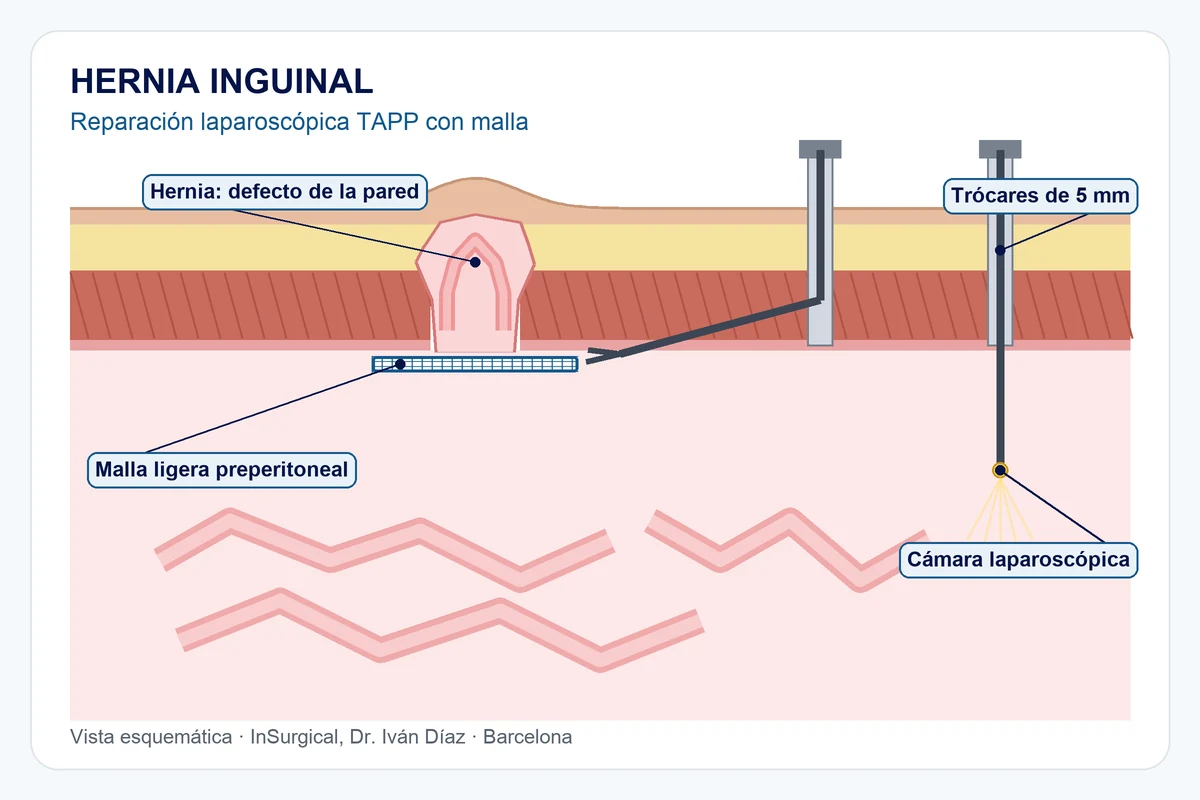 Ilustración esquemática de la reparación laparoscópica TAPP de una hernia inguinal con malla preperitoneal en Barcelona, InSurgical